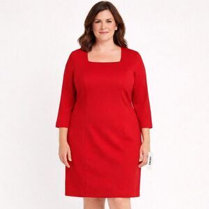 DKNY Sheath Dress Womens 14 Red Square Neck Career Work Office Midi NWT